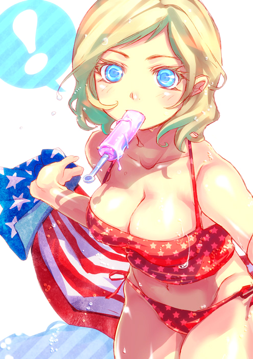 america, america_(hetalia), american_flag, axis_powers_hetalia, bikini, blonde_hair, blue_eyes, breasts, cleavage, food, genderswap, ice_cream, large_breasts, popsicle, solo, sweat, swimsuit, z4
