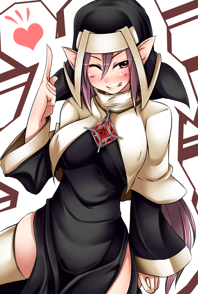 ;q, bad_id, battle_sister_cocoa, blush, cardfight!!_vanguard, habit, heart, jewelry, long_hair, nun, oracle_think_tank, pako_(moto_paco), pointing, pointing_up, pointy_ears, purple_eyes, purple_hair, side_slit, skindentation, sleeves_past_wrists, smile, solo, thigh-highs, thighhighs, tongue, violet_eyes, white_legwear, wink