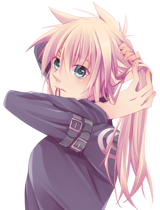 arms_up, blonde_hair, green_eyes, kiminoyome, long_hair, male, mouth_hold, shirt