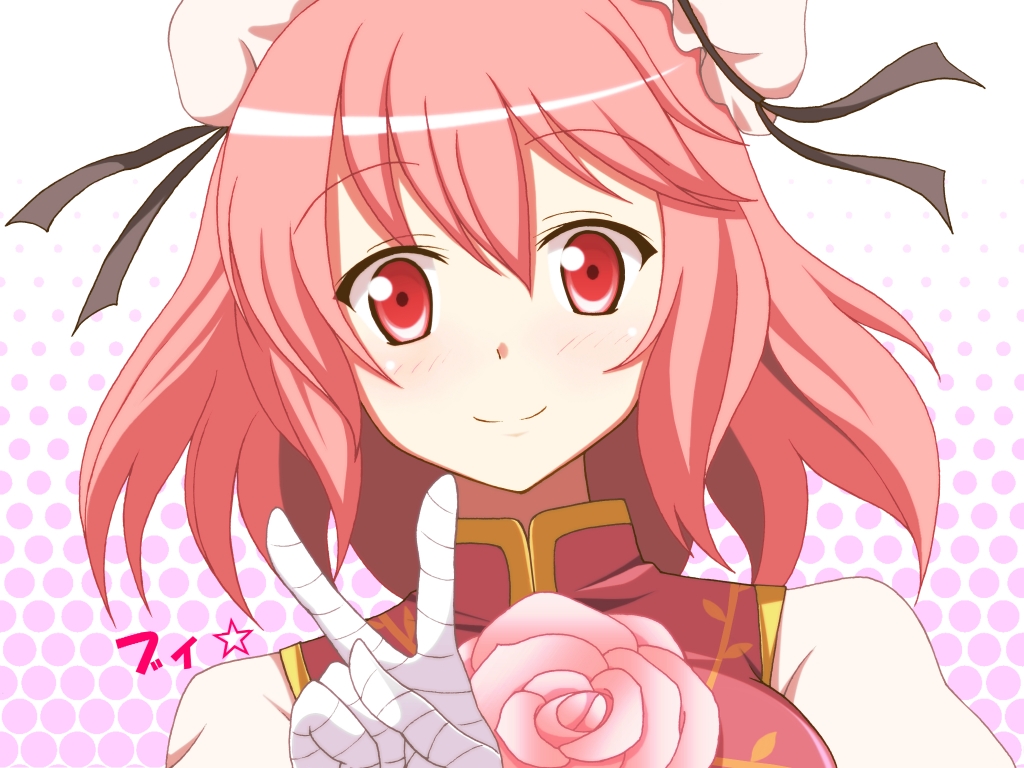 bandage, bandages, chinese_clothes, double_bun, flower, ibaraki_kasen, kawazuishi, pink_hair, red_eyes, rose, short_hair, smile, solo, touhou, v