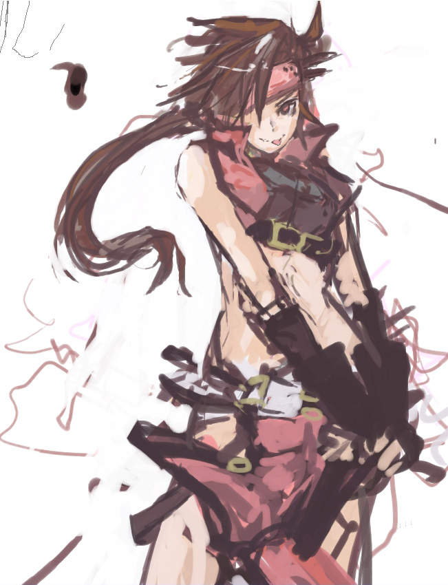 brown_hair, crop_top, fingerless_gloves, genderswap, gloves, guilty_gear, hair_over_one_eye, headband, long_hair, pan!ies, ponytail, red_eyes, sol_badgal, sol_badguy, solo