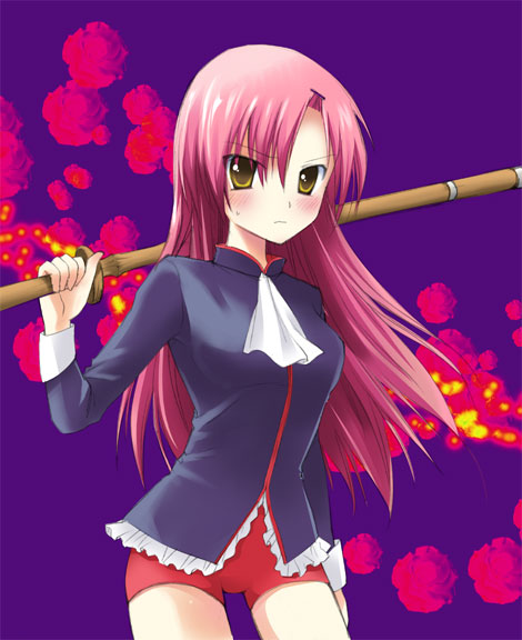 blush, chany, cosplay, hayate_no_gotoku!, katsura_hinagiku, long_hair, long_sleeves, look-alike, over_shoulder, pink_hair, shinai, shorts, shoujo_kakumei_utena, solo, spandex, sword, sword_over_shoulder, tenjou_utena, tenjou_utena_(cosplay), weapon, weapon_over_shoulder, wooden_sword, yellow_eyes
