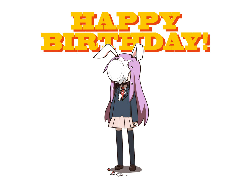 animal_ears, black_legwear, blazer, bunny_ears, cake, english, food, food_on_clothes