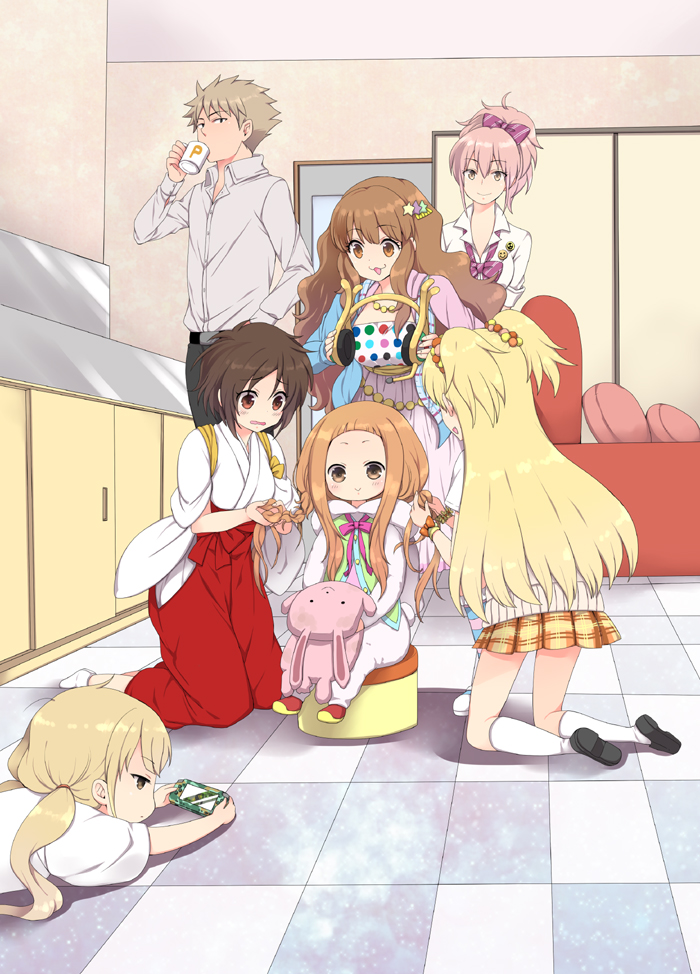5girls, 6+girls, :>, :3, adjusting_hair, character_request, cup, doumyouji_karin