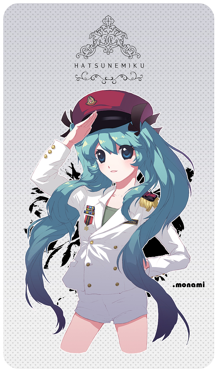 airline, blue_eyes, blue_hair, hat, hatsune_miku, highres, hotpants, long_hair, military, military_uniform, monami, pilot, pilot_uniform, short_shorts, shorts, smile, solo, twintails, uniform, very_long_hair, vocaloid