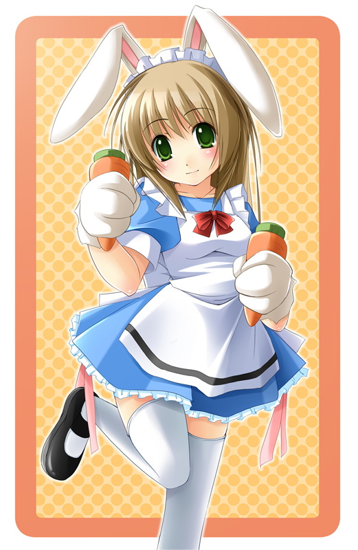 apron, blush, brown_hair, bunny_ears, carrot, frilled_skirt, frilly_skirt, gloves