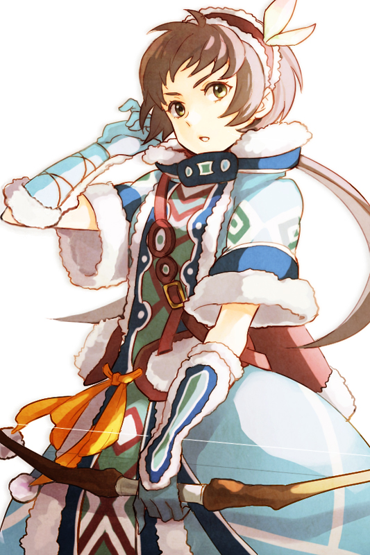 bow_(weapon), brown_hair, coat, dress, gensou_suikoden, gensou_suikoden_tsumugareshi_hyakunen_no_toki, gloves, green_eyes
