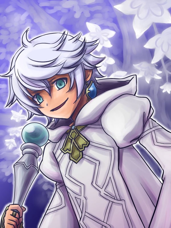 blue_background, earrings, gensou_suikoden, gensou_suikoden_tsumugareshi_hyakunen_no_toki, green_eyes, jewelry, mizukurage, robe, robles, short_hair, smile, solo, wand, white_hair, zephon