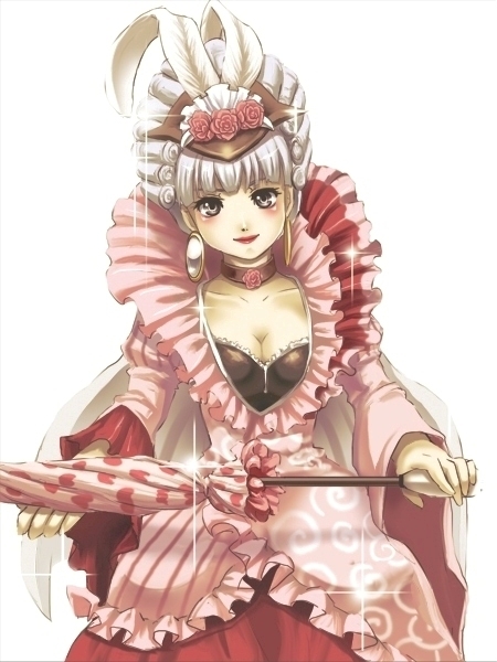 blush, choker, closed_umbrella, dress, feathers, flower, frills, gensou_suikoden