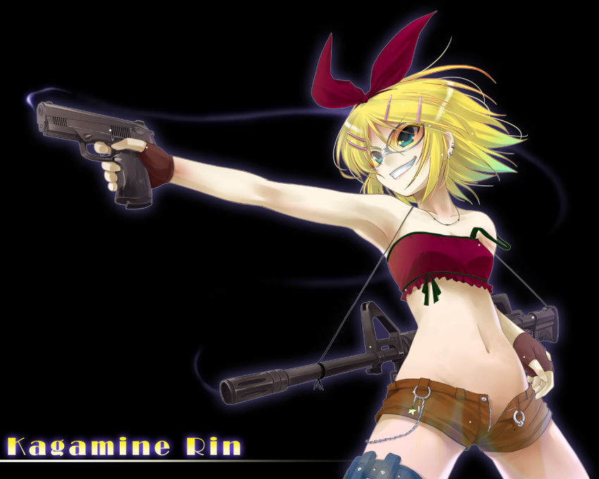 armpits, assault_rifle, bandeau, bespectacled, black, blonde_hair, bow, earrings