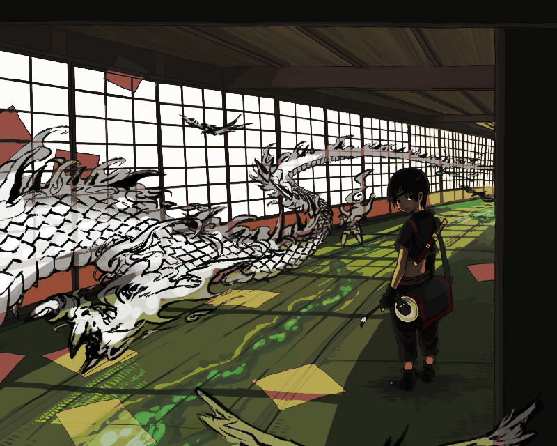 black_eyes, black_hair, dragon, forehead_protector, hallway, male, midriff, midrift