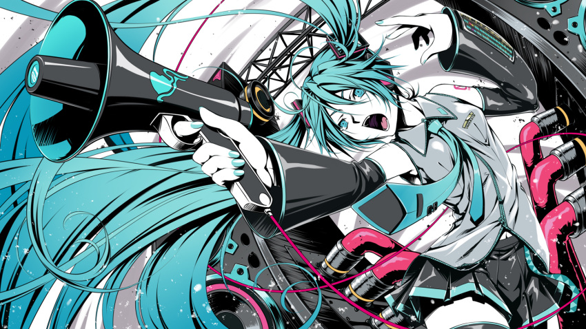 aqua_eyes, aqua_hair, black_legwear, detached_sleeves, error, fingernails, hatsune_miku, highres, koi_wa_sensou_(vocaloid), long_hair, m2_(speedyage), megaphone, nail_polish, necktie, open_mouth, pipe, pleated_skirt, skirt, solo, speaker, thighhighs, twintails, very_long_hair, vocaloid, zettai_ryouiki