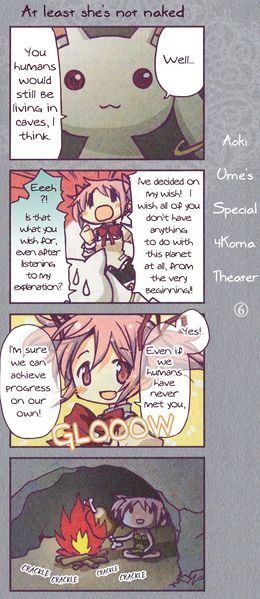 4koma, aoki_ume, caveman, comic, english, fire, food, hard_translated, kaname_madoka, kyubey, mahou_shoujo_madoka_magica, meat, official_art, pink_hair, red_eyes, ribbon, spoilers, sweatdrop, translated
