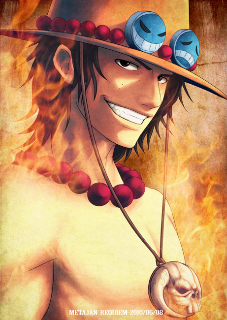 beads, black_eyes, black_hair, cowboy_hat, dated, fiery_background, fire, freckles