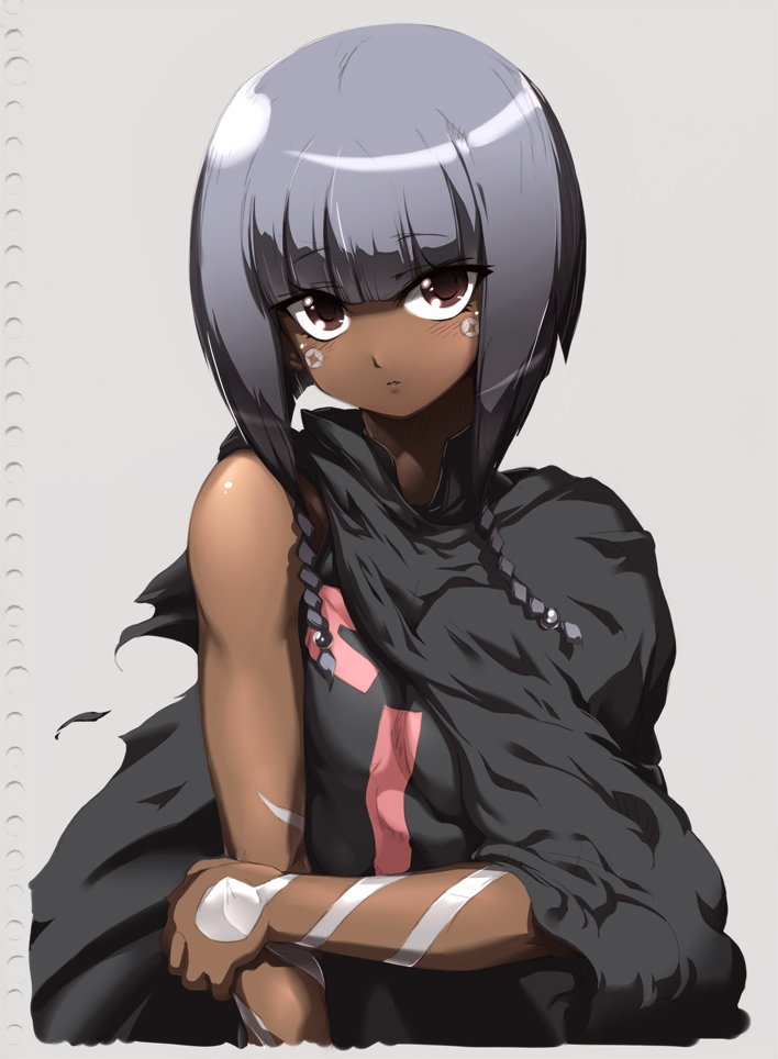 braid, brown_eyes, cape, dark_skin, grey, markings, noein, purple_hair