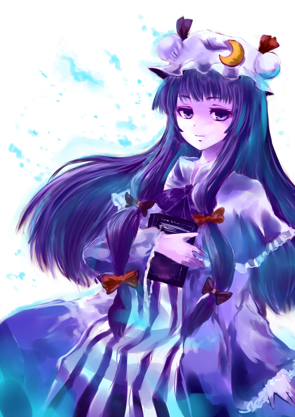 book, bow, crescent, dress, hair_bow, hal360, hat, highres