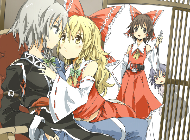 ascot, bare_shoulders, belt, black_hair, blonde_hair, blue_eyes, blue_hair, bow