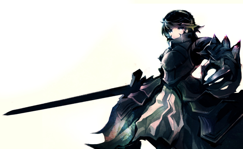 1girl, armor, armored_dress, bad_id, dark_excalibur, dress, fate/stay_night, fate_(series), highres, huke_(style), parody, saber, saber_alter, solo, style_parody, sword, weapon