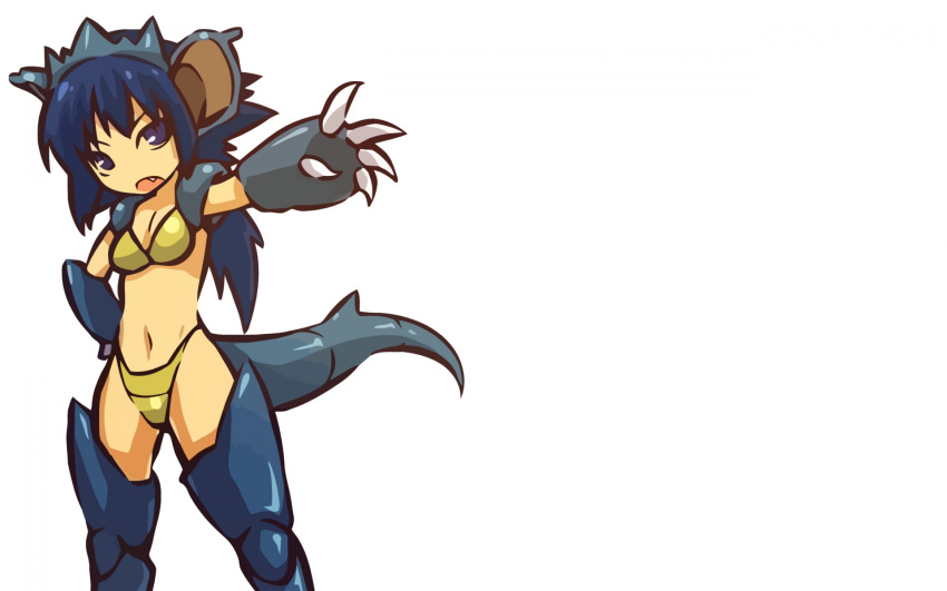 animal_ears, armor, bikini, blue_eyes, breasts, claws, cleavage, fang