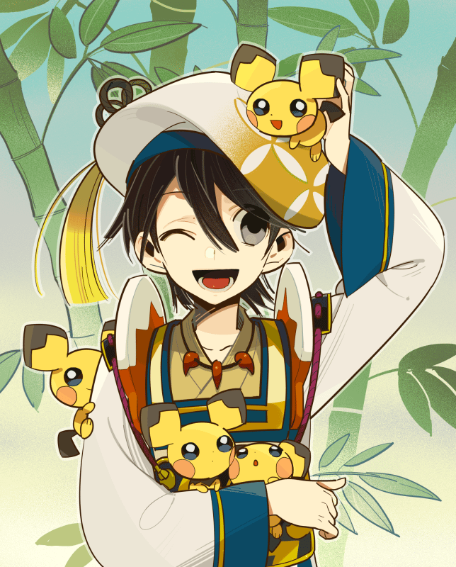 1boy, bamboo, black_eyes, black_hair, character_request, hat, magatama, nobunaga_no_yabou, pichu, pokemon, pokemon_(creature), pokemon_(game), pokemon_+_nobunaga_no_yabou, sengoku_musou, takenaka_hanbee_(sengoku_musou), takenaka_hanbei, ucchii, wink