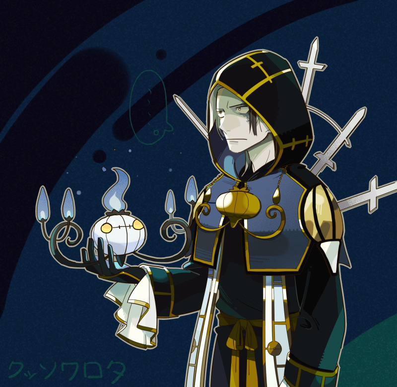 1boy, chandelure, gloves, hood, kuroda_kanbei, male, multicolored_hair, nobunaga_no_yabou