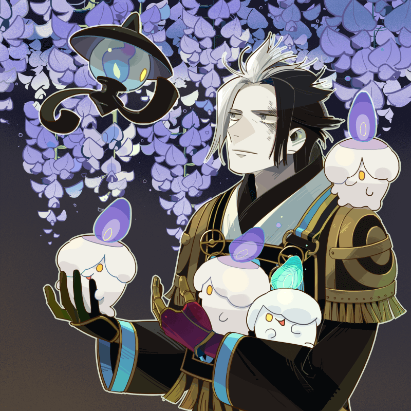 1boy, armor, black_hair, fire, gauntlets, kuroda_kanbei, lampent, leaf, litwick, male, multicolored_hair, nobunaga_no_yabou, pokemon, pokemon_(creature), pokemon_(game), pokemon_+_nobunaga_no_yabou, sengoku_musou, shiny_pokemon, two-tone_hair, ucchii, white_hair