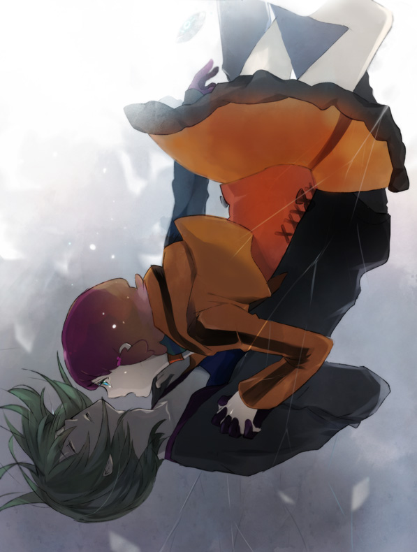 aquarion_evol, bad_id, blonde_hair, closed_eyes, eyes_closed, falling, gloves, gradient_hair