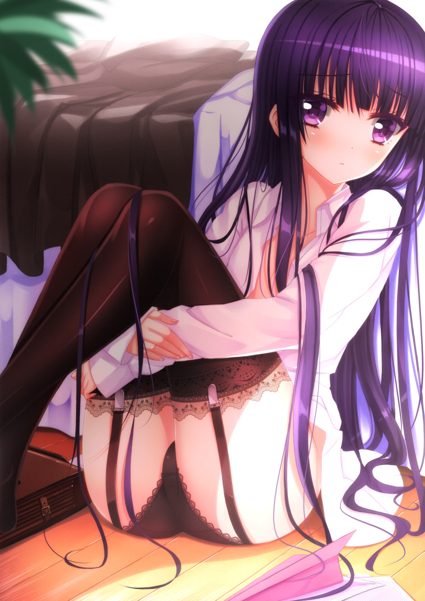 ass, bag, black_hair, black_legwear, black_panties, blush, flat_chest, garter_straps