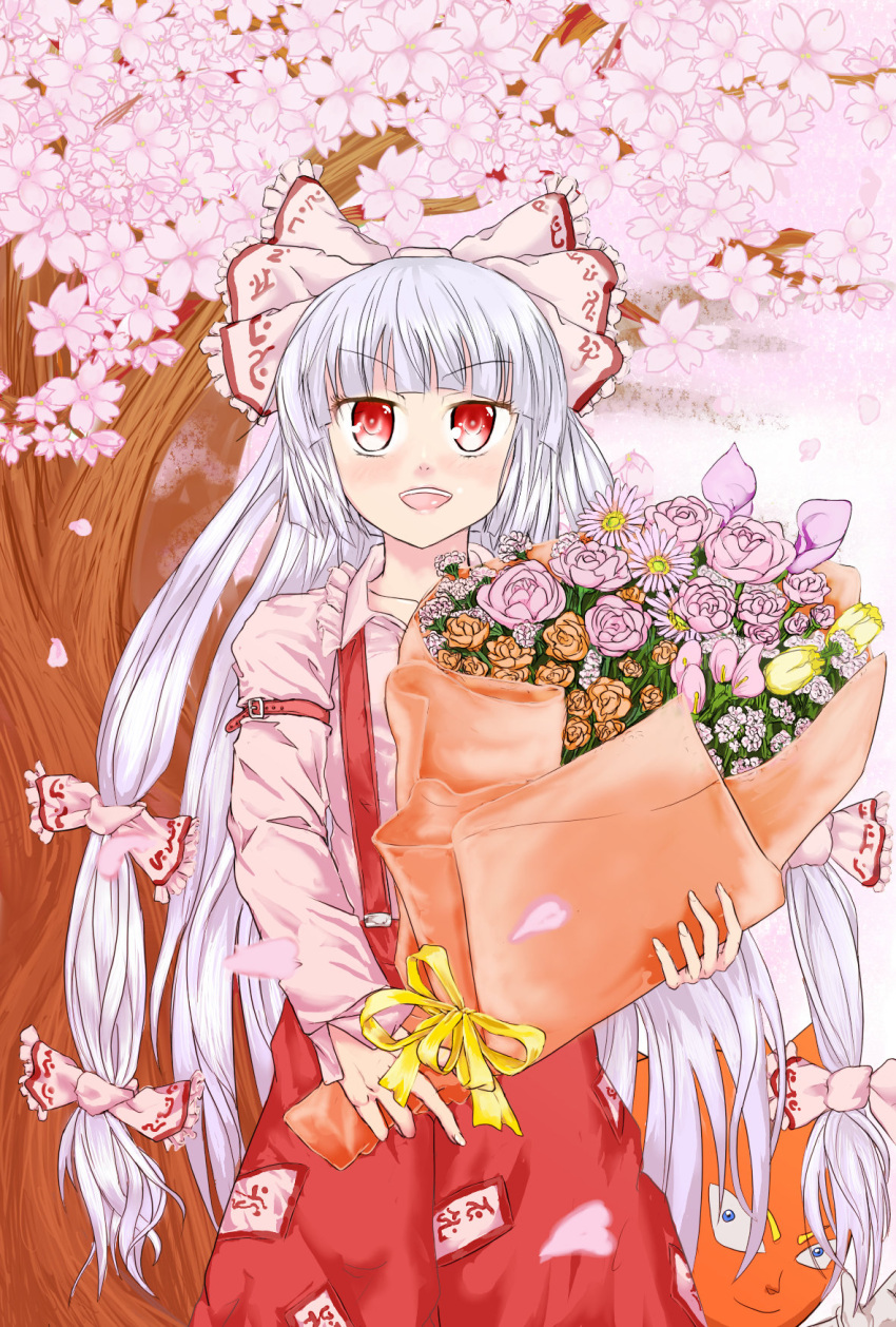 :d, amatou3, blush, bobobo-bo_bo-bobo, bouquet, bow, cherry_blossoms, crossover