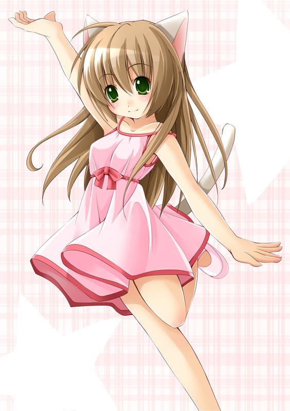 bare_legs, blush, brown_hair, cat_ears, cat_tail, dress, green_eyes, happy