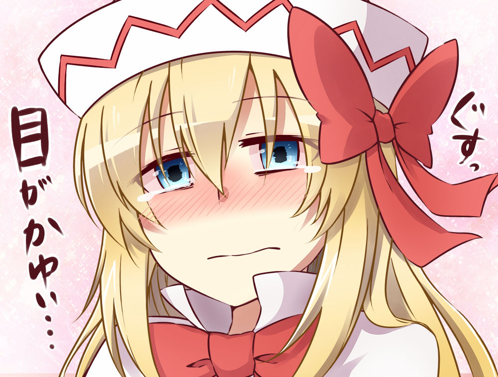 blonde_hair, blue_eyes, blush, bow, hair_bow, hat, hay_fever, lily_white