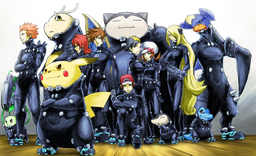 agakunoda, chikorita, cosplay, crossover, cyndaquil, dragonite, epic, gantz, gantz_suit, garchomp, gold_(pokemon), gold_(pokemon)_(remake), h-gun, hat, kotone_(pokemon), ookido_green, parody, pikachu, pokemon, pokemon_(creature), pokemon_(game), pokemon_dppt, pokemon_gsc, pokemon_rgby, red_(pokemon), red_(pokemon)_(remake), shirona_(pokemon), silver_(pokemon), silver_(pokemon)_(remake), snorlax, totodile, wataru_(pokemon), x-gun, x-rifle