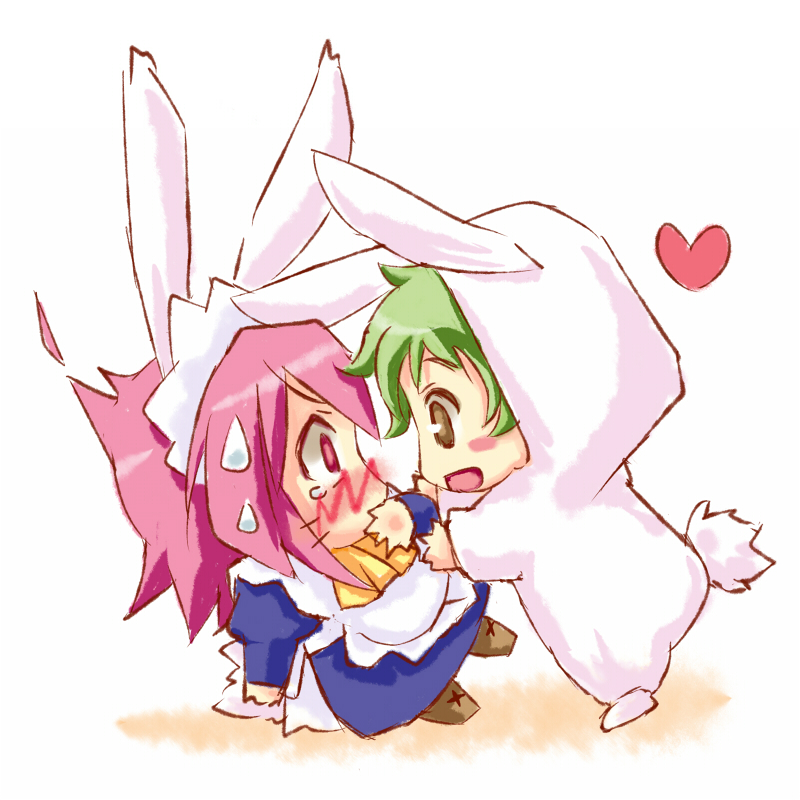 animal_ears, bunny_costume, bunny_ears, chibi, eye_contact, green_hair, justus, looking_at_another, piku, pink_hair, shakugan_no_shana, short_hair, wilhelmina_carmel
