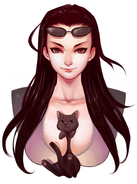 between_breasts, black_cat, black_hair, blue_eyes, breasts, bust, cat, cleavage