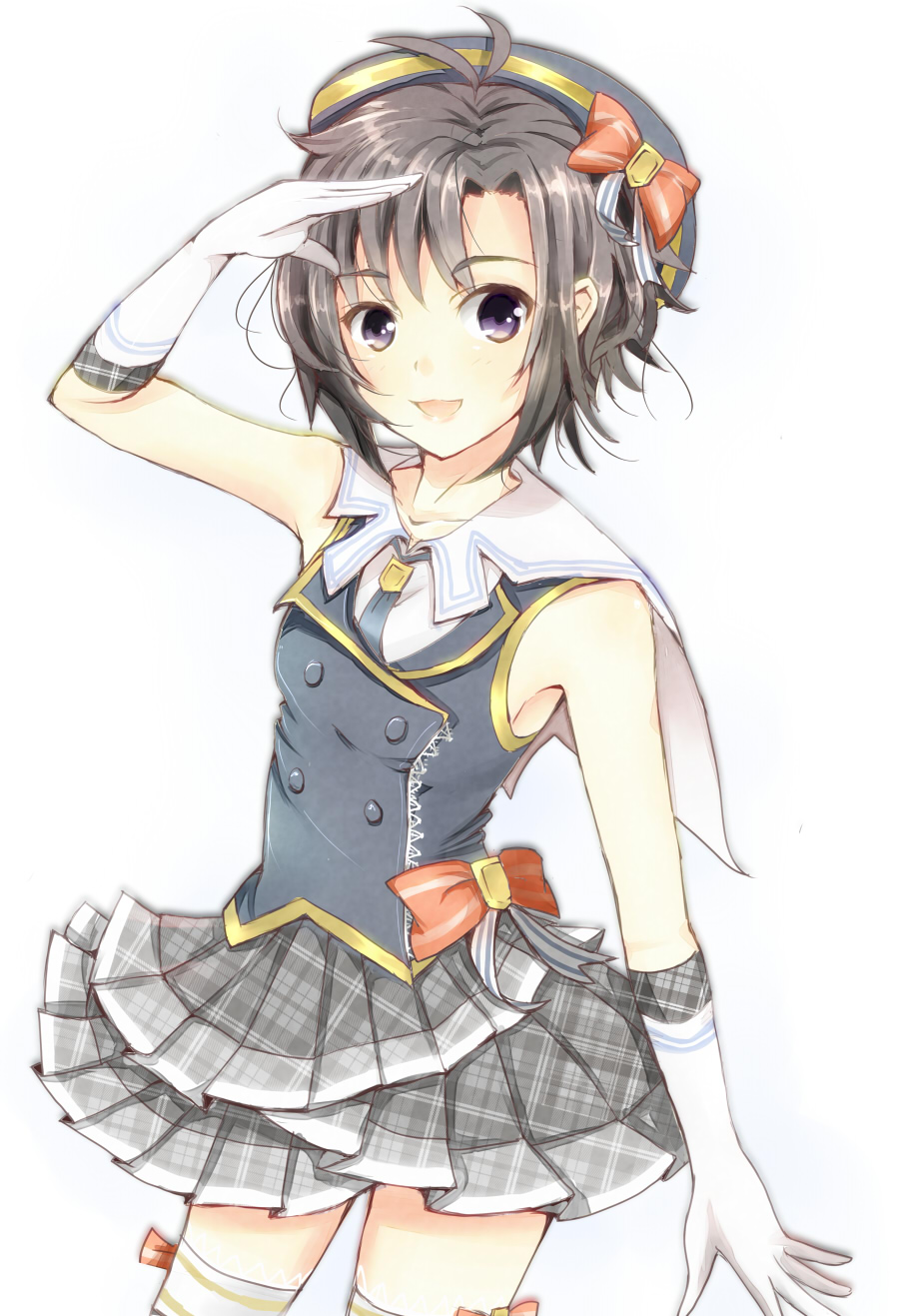 :d, antenna_hair, armpits, bare_shoulders, black_hair, bow, buttons, collarbone