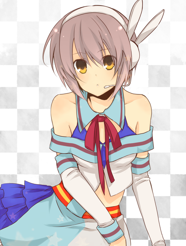 arm_support, bare_shoulders, brown_eyes, checkered, checkered_background, detached_collar, detached_sleeves, headset