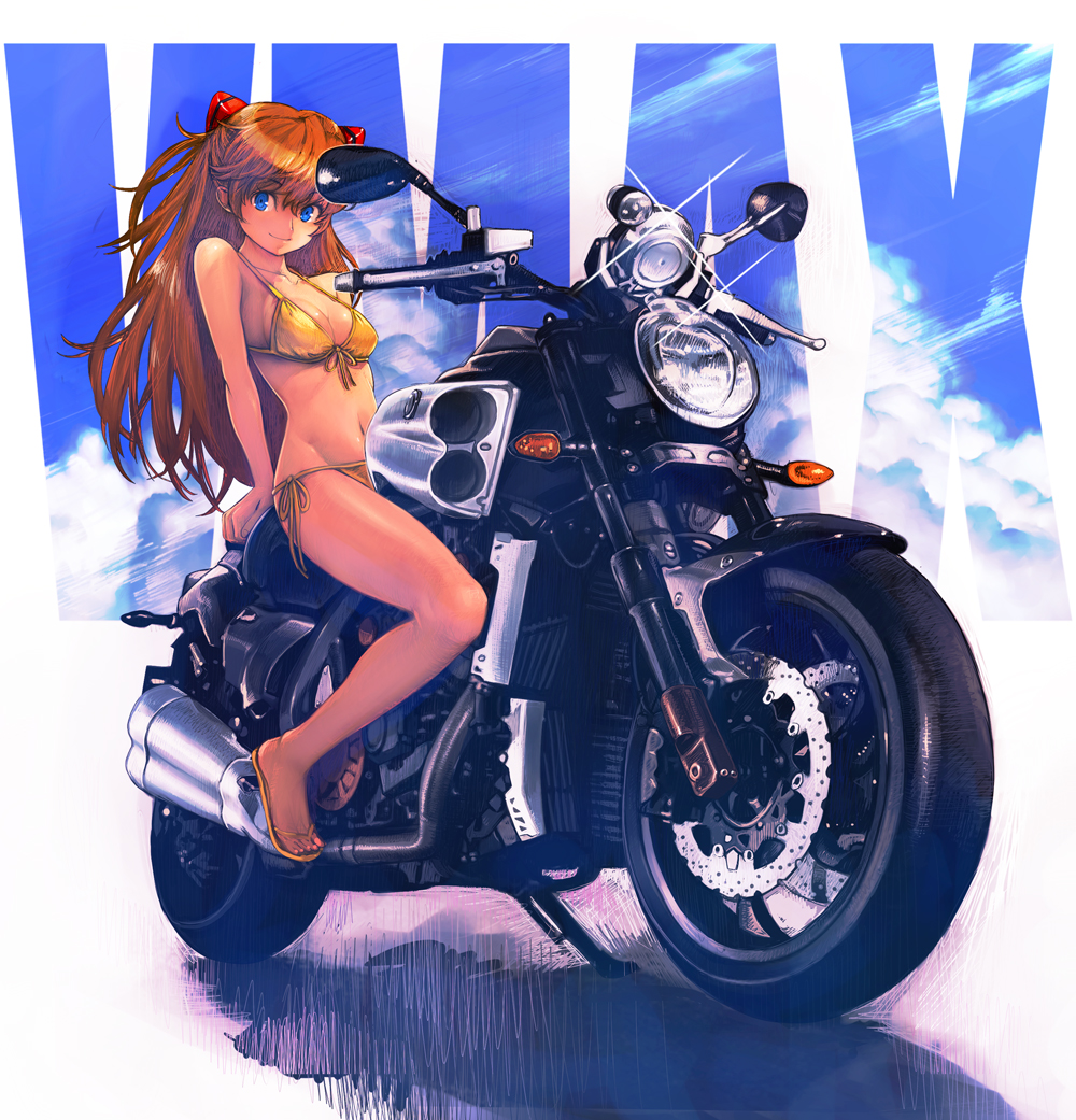 bikini, blue_eyes, boyaking, breasts, flip-flops, front-tie_top, hair_ornament, long_hair, looking_at_viewer, motor_vehicle, motorcycle, mound_of_venus, navel, neon_genesis_evangelion, orange_hair, sandals, shikinami_asuka_langley, side-tie_bikini, smile, solo, soryu_asuka_langley, souryuu_asuka_langley, swimsuit, vehicle, yamaha, yamaha_v-max