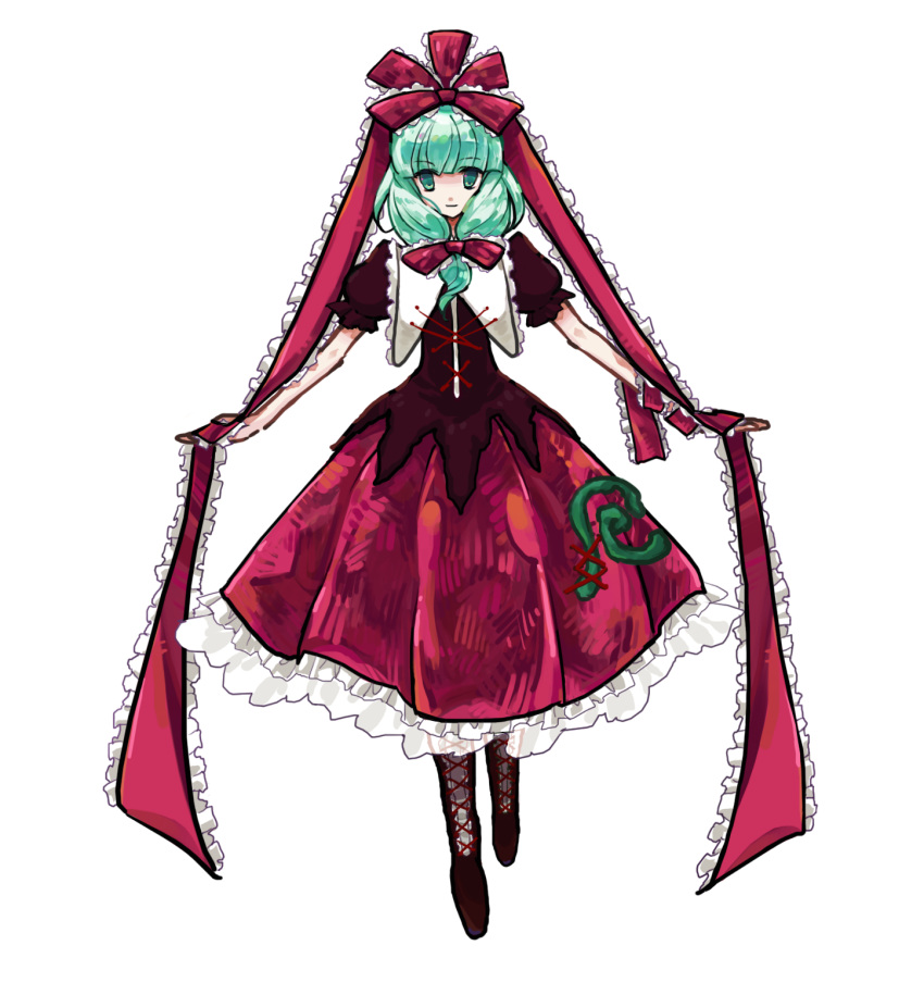 ain?, boots, bow, collar, cross-laced_footwear, dress, frills, green_eyes