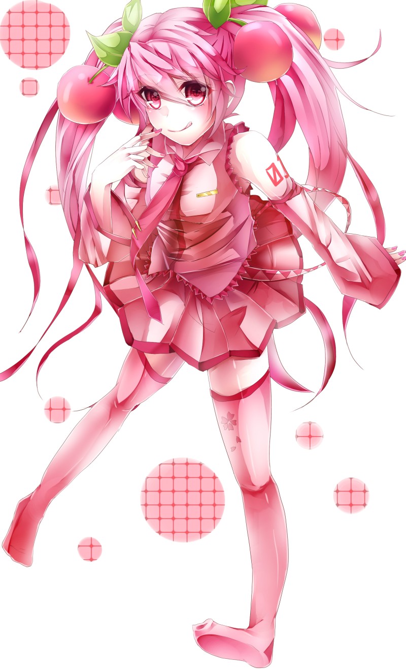 :q, alternate_color, alternate_hair_color, cherry, detached_sleeves, food, fruit, hatsune_miku, highres, long_hair, looking_at_viewer, mahiron-atori, necktie, pink_eyes, pink_hair, rukito, sakura_miku, skirt, smile, solo, thigh-highs, thighhighs, tongue, twintails, very_long_hair, vocaloid, zettai_ryouiki