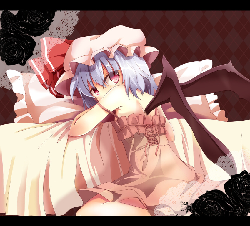 bat_wings, bed, black_rose, blue_hair, flower, hat, hat_ribbon, highres