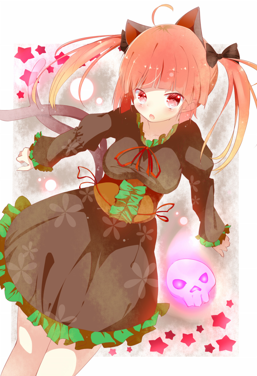 ahoge, animal_ears, blush, braid, breasts, cat_ears, cat_tail, dress, frilss, ghost, hair_ribbon, highres, kaenbyou_rin, kurean, multiple_tails, open_mouth, red_eyes, red_hair, redhead, ribbon, skull, solo, star, tail, touhou, twin_braids