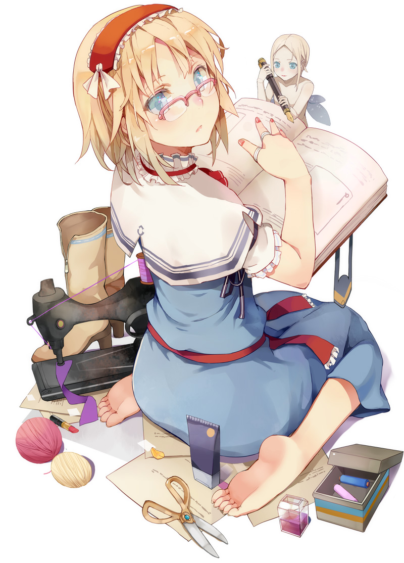 alice_margatroid, barefoot, bespectacled, blonde_hair, blue_eyes, book, boots, box