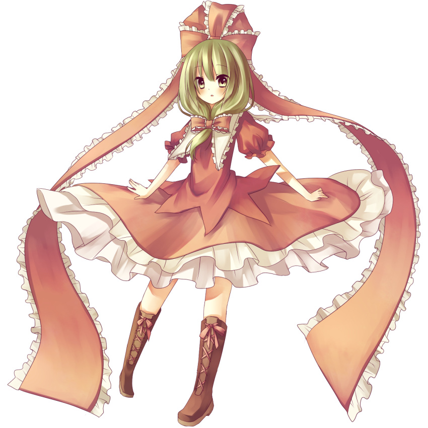 amene_kurumi, boots, bow, collar, cross-laced_footwear, dress, frills, green_eyes