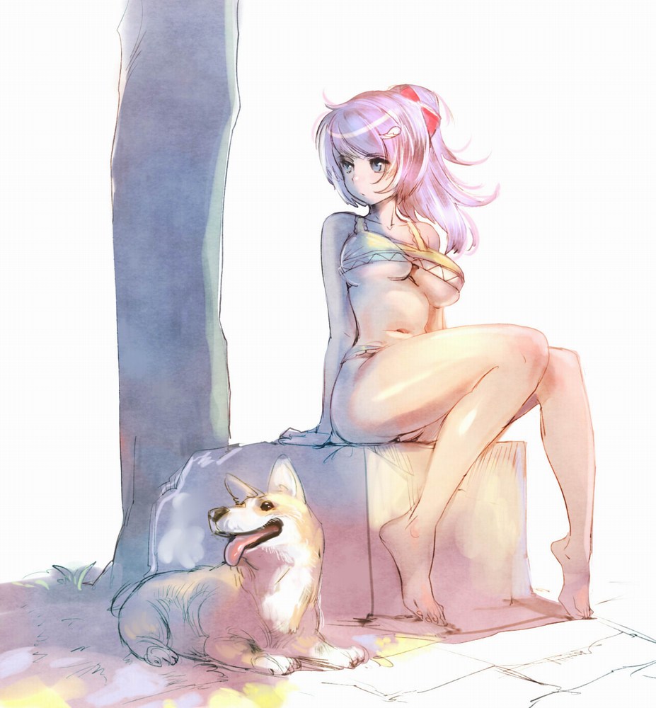 bare_legs, bare_shoulders, barefoot, bikini, blue_eyes, bow, bow_(bhp), breasts