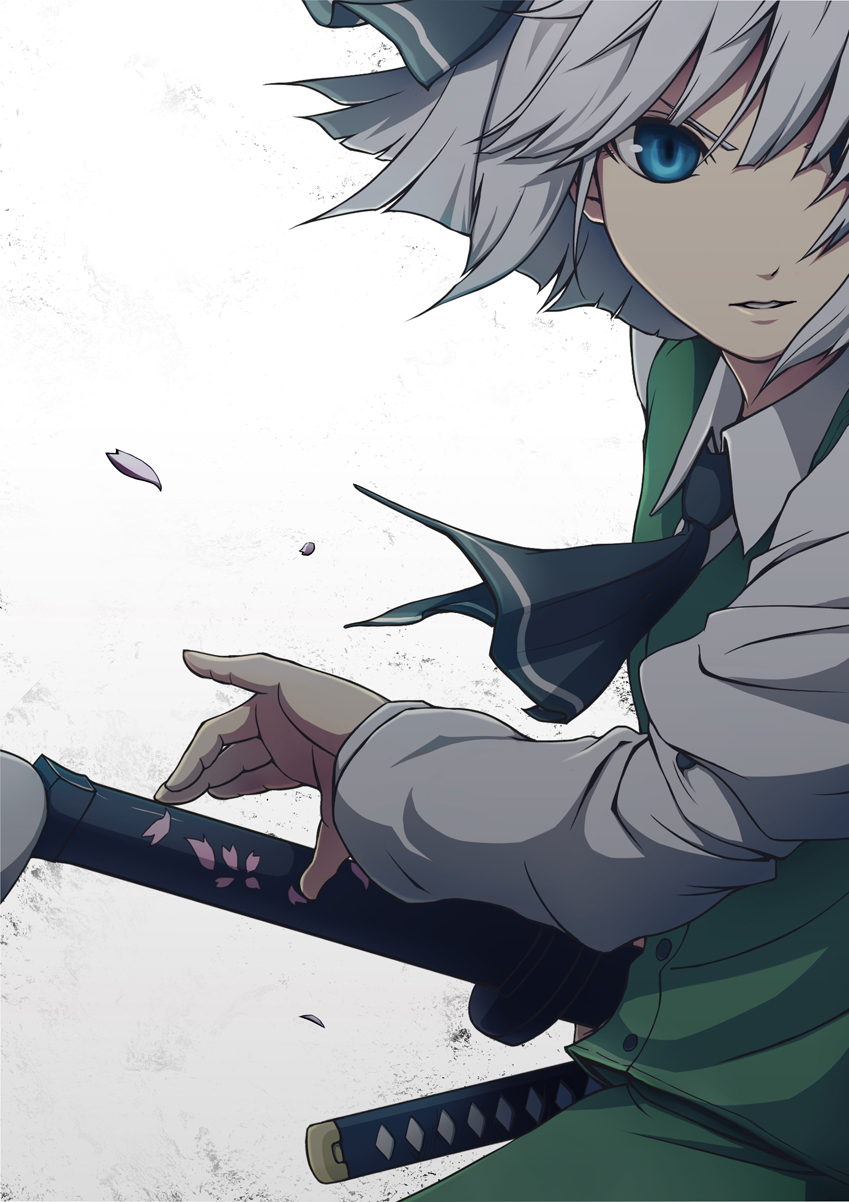 blue_eyes, bust, highres, katana, konpaku_youmu, ready_to_draw, sheath, short_hair