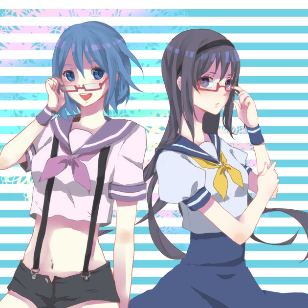 akemi_homura, alternate_costume, bespectacled, glasses, hairband, mahou_shoujo_madoka_magica, midriff, miki_sayaka