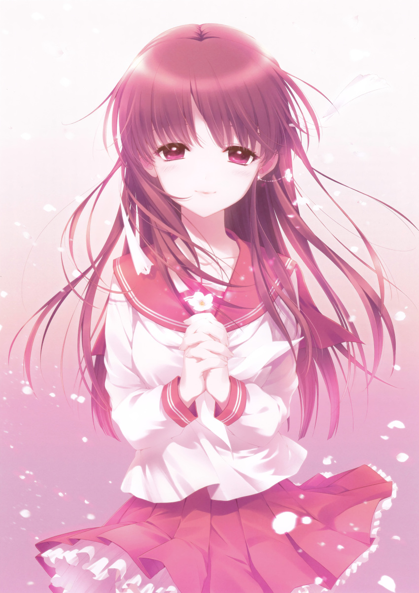 1girl, absurdres, blush, brown_hair, flower, hair_ribbon, hands_clasped, highres