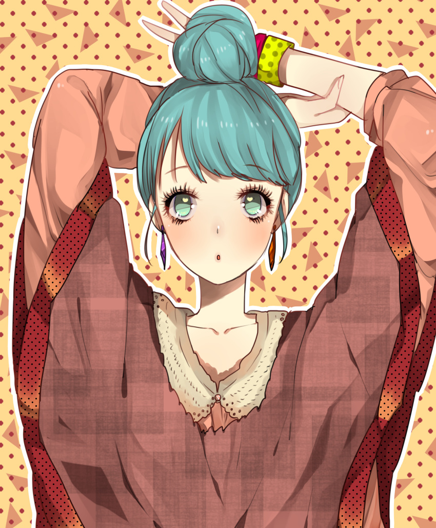 alternate_hairstyle, aqua_eyes, aqua_hair, arms_up, eyelashes, hair_bun, hatsune_miku, highres