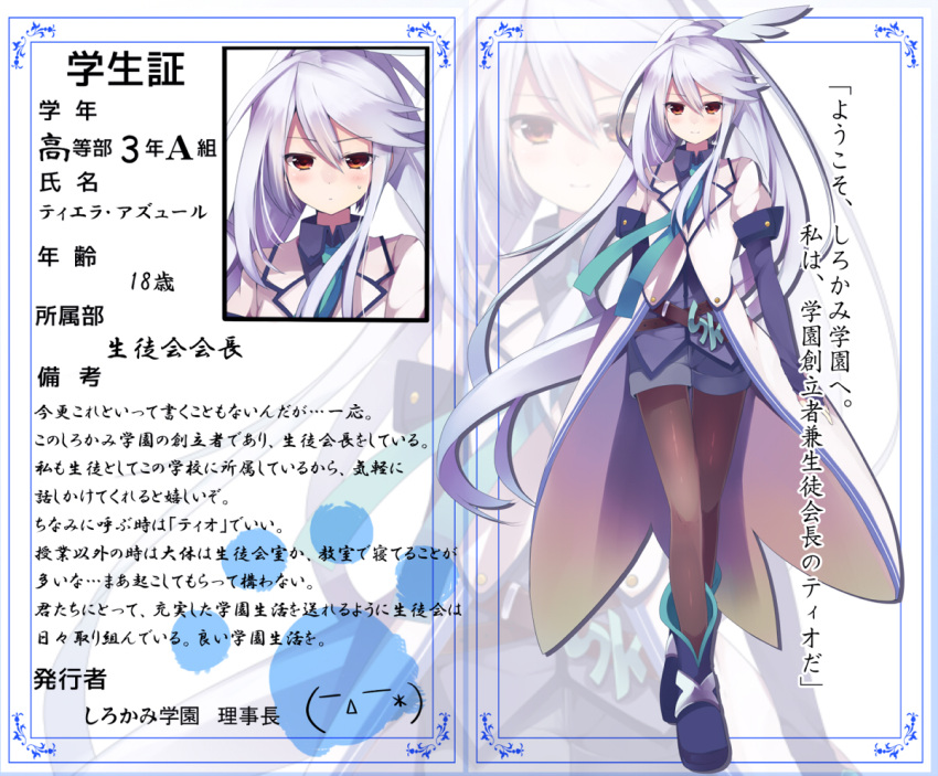 character_sheet, long_hair, mishima_kurone, pantyhose, partially_translated, shirokami_gakuen, solo, tierra_(mishima_kurone), translation_request, very_long_hair, white_hair, yellow_eyes