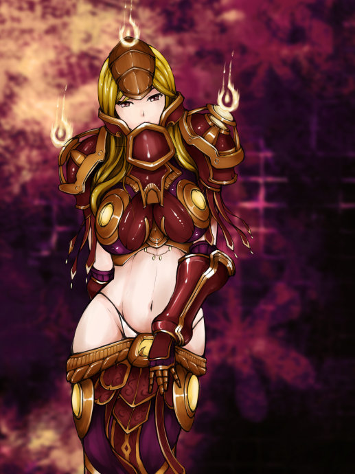 armor, blonde_hair, breasts, brown_eyes, deepwhite, long_hair, midriff, navel